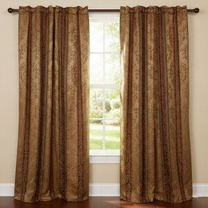 Set of 2 JC PENNEY Curtain Panels Gold Maroon Dark Green Damask Stripe 40 x 84